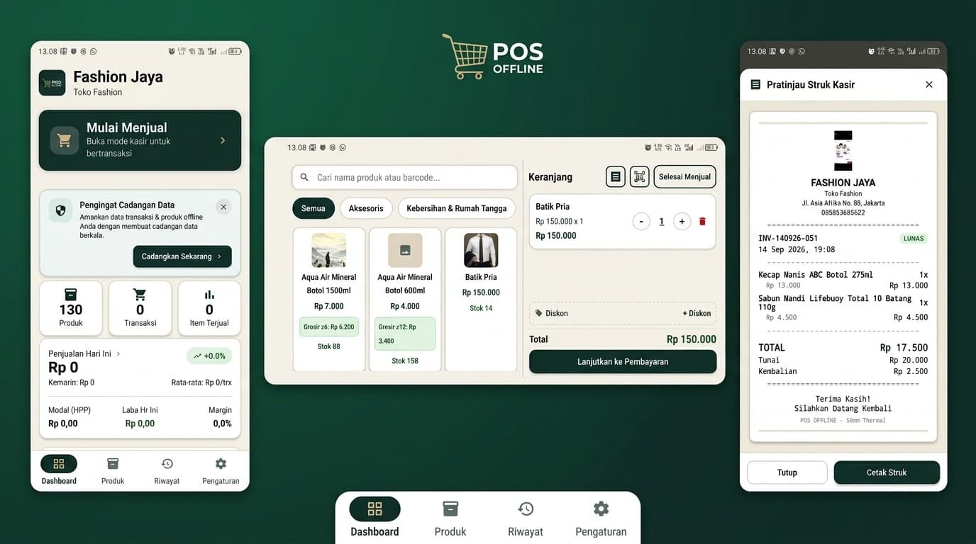 Aplikasi Kasir POS OFFLINE di smartphone Android dengan printer thermal Bluetooth